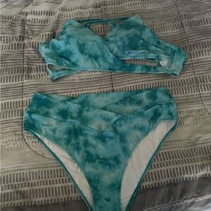 Victoria's Secret Blue and White Bikini Set with High-Waisted Bottoms